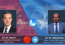 Wasiirka Arrimaha Dibadda Soomaaliya oo khadka talefoonka kula hadlay dhiggiisa dalka Shiinaha